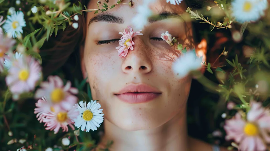Woman's face lying in a bed of flowers, showcasing effective esthetics. Effortless spring beauty guide for Panache Hair Salon & Day Spa in Boise, Meridian, Idaho.