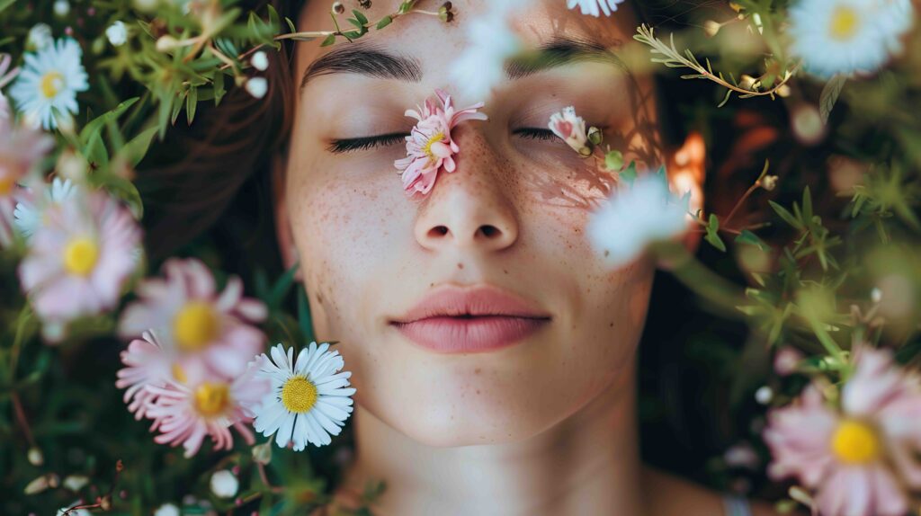 Woman's face lying in a bed of flowers, showcasing effective esthetics. Effortless spring beauty guide for Panache Hair Salon & Day Spa in Boise, Meridian, Idaho.