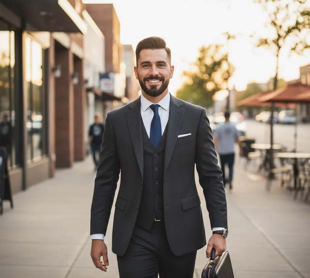 handsome-man-executive-with-new-fade-haircut-walking-down-the-sidewalk-at-The-Village-At-Meridian-after-visiting-the-experienced-barber-staff-at-Panache-Hair-Salon-and-Day-Spa