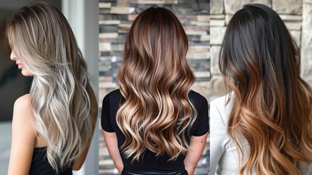 Spring balayage hair highlights from Panache Beauty Salon in Meridian, ID. A 3 panel image of blonde, brown, and darker hair with the balayage treatment - perfect for spring and summertime in the Treasure Valley.