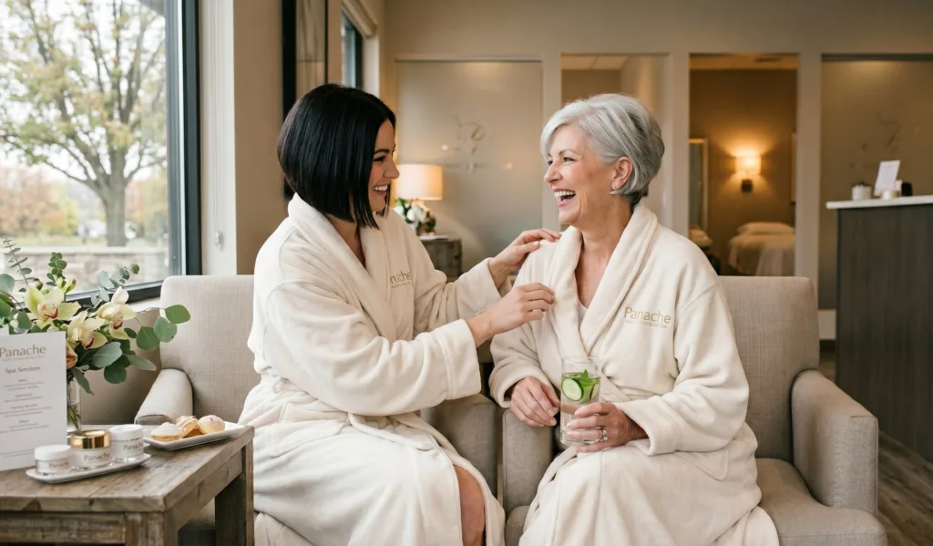 A daughter and her mom in white bath robes, experiencing the ultimate Mother's Day spa day at Panache Hair Studio & Day Spa, in The Village at Meridian, Idaho.