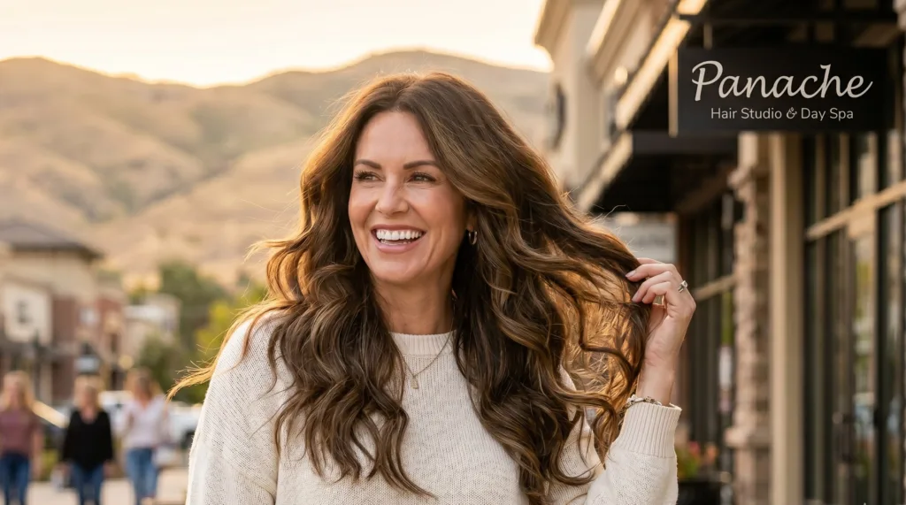 Young brunette woman, standing outside of Panache Hair Studio & Day Spa in The Village at Meridian, Idaho with long, luscious locks of professional hair extensions.
