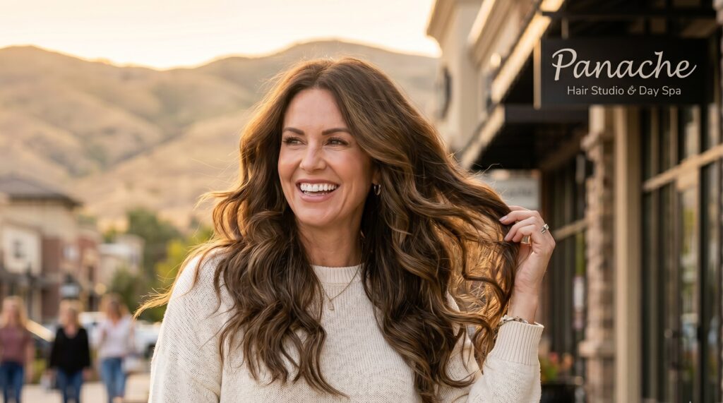 Young brunette woman, standing outside of Panache Hair Studio & Day Spa in The Village at Meridian, Idaho with long, luscious locks of professional hair extensions.