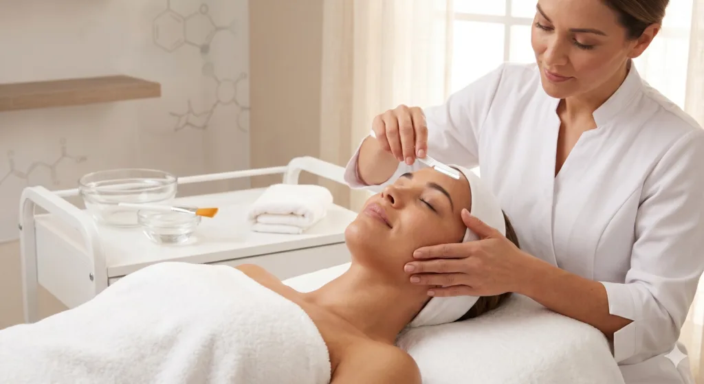 Advanced cosmetic esthetics for Boise, Idaho summers. Woman experiencing dermaplaning, plant peels, and natural skincare as part of a spa day routine at Panache Hair Studio & Day Spa in The Village at Meridian.