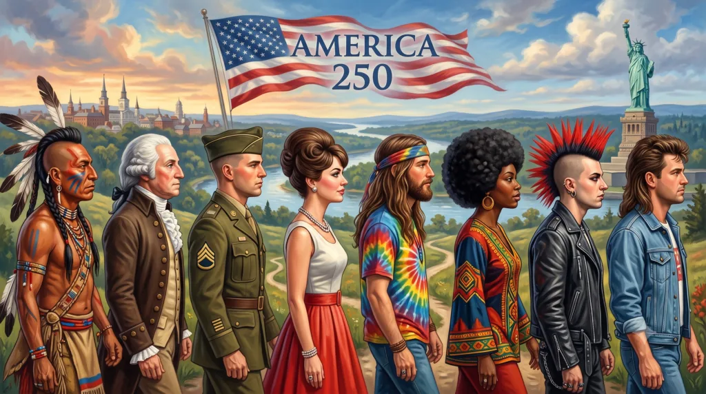 A painting showcasing the history of American hairstyles, celebrating America 250, Independence day and the 4th of July. Telling the history of the USA through popular hairstyles throughout each time period, from Native Americans, our founding forefathers, military servicemen, hippies, the civil rights movement and even the mullet haircut.