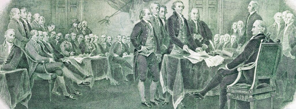 The signing of the Declaration of Independence on July 4th, 1776. Celebrating America's 250th birthday and telling the story of our nation's birth through powdered wigs, our founding forefathers and popular hair styles from each era of American history.