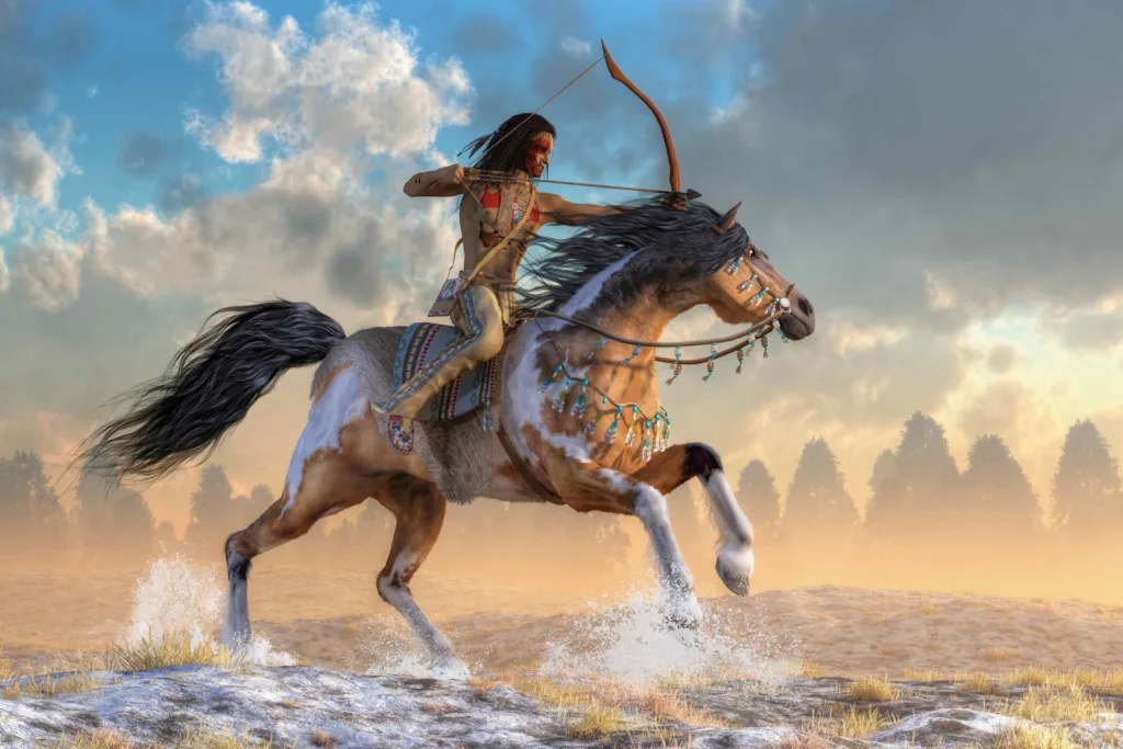 A historical painting of a Native American riding his horse in the snowy landscape, holding a bow and arrow, with beautiful clouds in the sky and trees off in the distance.