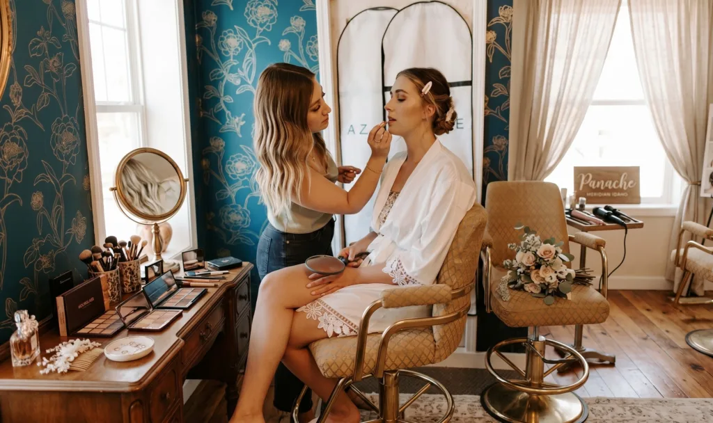 Wedding hair and makeup application done by a master stylist from Aveda salon: Panache Hair Stuido and Day Spa in Meridian, Idaho. Serving Boise and the entire treasure valley for all your special event beauty needs.