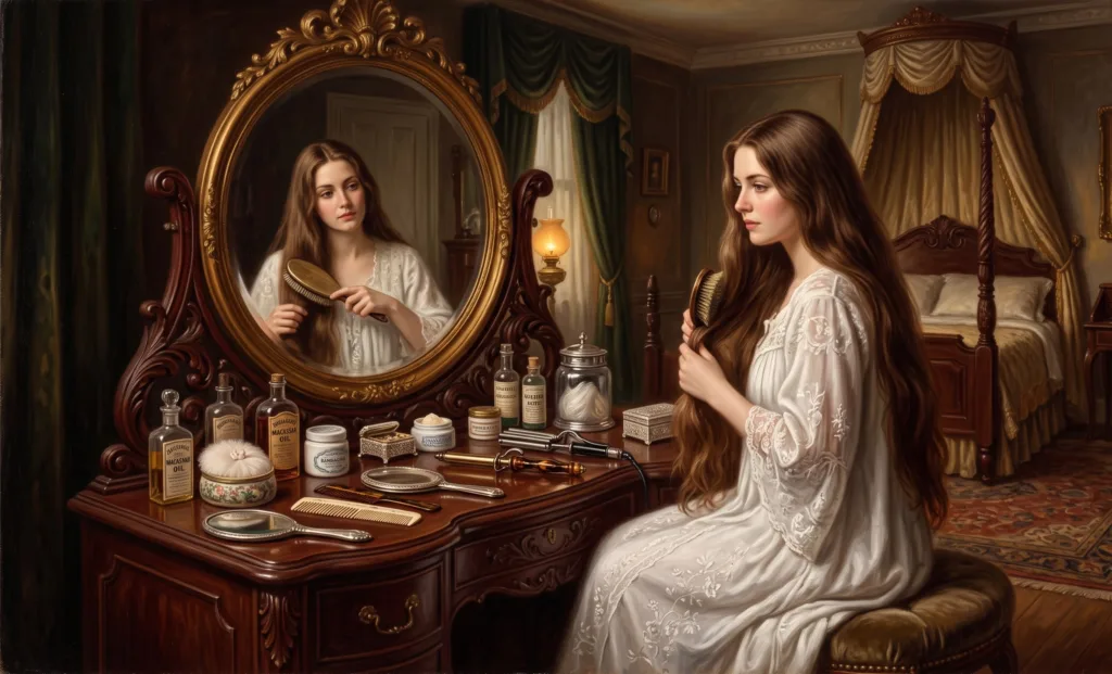 A painting of a Victorian Era woman in the United States, brushing her hair in a mirror in her bedchamber. Showcasing hair styling improvements made in the late 19th century.