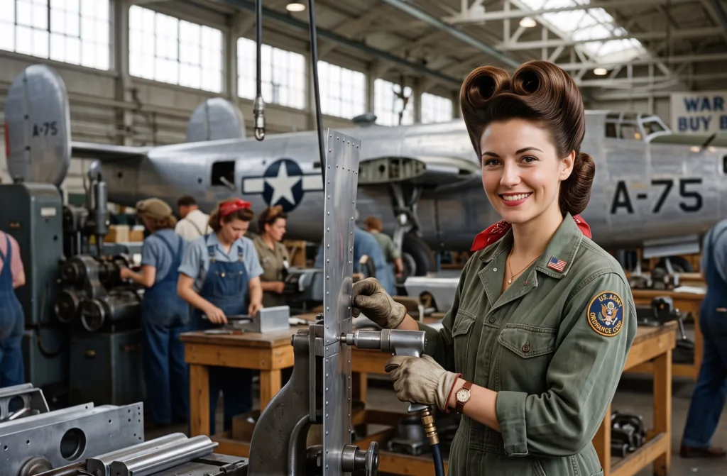 A young, American woman of the 1940's like Rosie the Riveter helping build US Air Force aircraft at home during WWII. Her look showcases Liberty Rolls, a popular women's hairstyle from the mid 20th century in the USA.