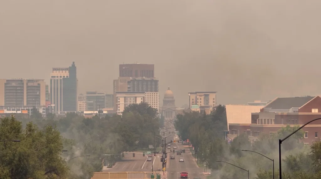 A view of Downtown Boise, Idaho, from the Depot Bench area in July, 2026, showing a lot of wildfire smoke that is not only bad for your lungs, but can cause damage to your skin and hair as well. 