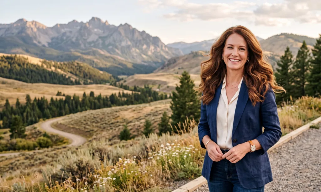 A woman standing high up in the Boise Foothills, with luscious brown hair, highlighting the end of summer, hair repair treatments, and scalp detox services at Panache Hair Studio & Day Spa in Meridian, ID.
