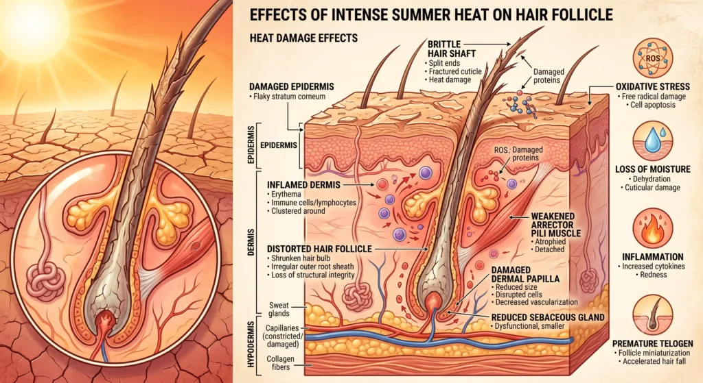 Infographic showing a magnified hair follicle and the effects of intense summer heat. Also, why removing mineral deposits and dead skin cells is essential for your overall scalp health and wellness. 